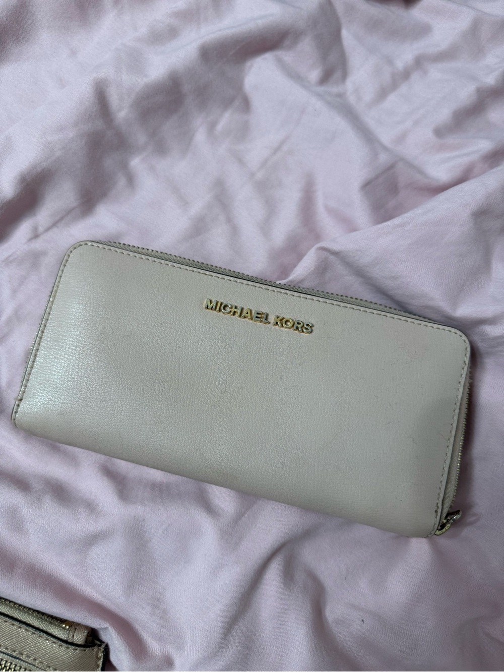 Michael Kors Cream Leather Zip Wallet with Gold Logo